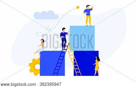 Advertising Puzzle From Cube Block Vector Flat Illustration. Analytics Chart Business Job People Tea