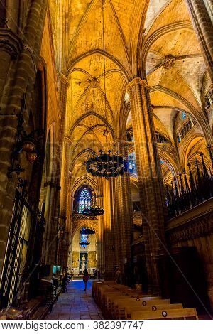Barcelona, Catalonia, Europe, Spain, September 22, 2019. Awesome Interior Of The Cathedral Of The Ho