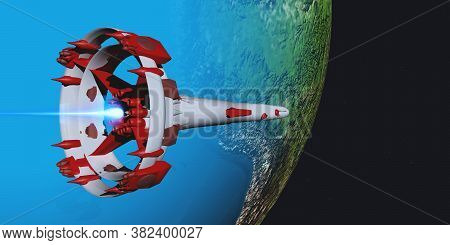Alien Spacecraft Over South America 3d Illustration - An Unknown Spaceship Powers Into Earth's Orbit
