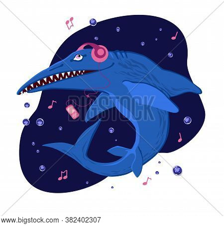 An Ichthyosaur Is Listening To Music With Headphones. An Aquatic Carnivorous Dinosaur. Cartoon Illus