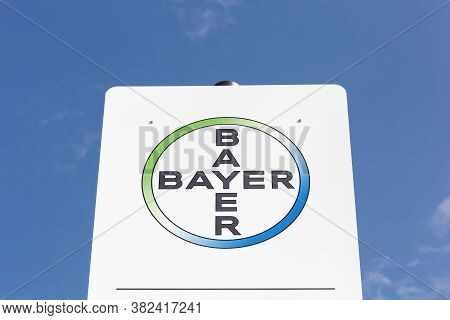 Leverkusen, Germany - July 22, 2017: Bayer Logo On A Panel. Bayer Is A German Multinational Chemical