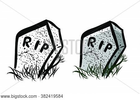 Vector Doodle Hand Draw Sketch, Christian Stone Grave And Grass, Isolated On White.