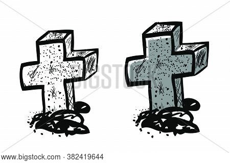 Vector Doodle Hand Draw Sketch, Christian Stone Grave And Grass, Isolated On White.