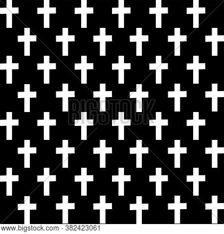 White Cross On Black Background. Seamless Pattern. Line Vector Illustration.