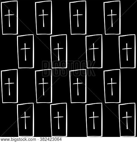 White Tombstone With Cross On A Black Background. Seamless Pattern. Line Vector Illustration. Black 