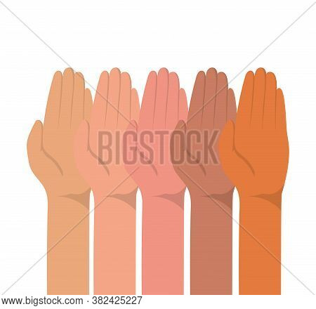 Up Hands With Closed Palm Of Different Types Of Skins Design, Diversity People Multiethnic Race And 