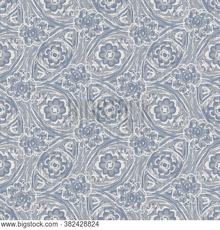 Seamless French Farmhouse Linen Printed Floral Damask Background. Provence Blue Gray Linen Pattern T