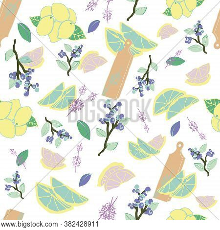 Vector White Seamless Pattern With Lemons, Blueberries, Herbs, Leaves And Cutting Boards.  Great For