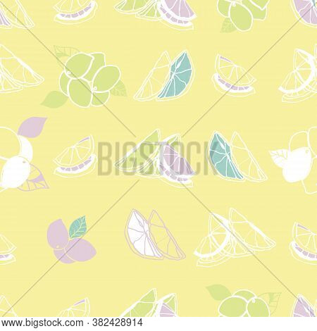 Vector Yellow Seamless Pattern With Colorful Lemon Varieties.  Great For Kitchenware, Household, Fas