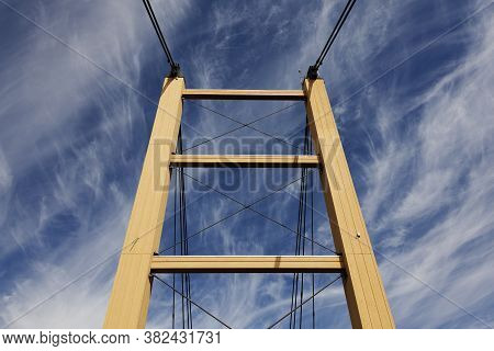 Skelleftea, Norrland Sweden - August 1, 2020: High Modern Bridge Made Of Wood For Cyclists And Pedes