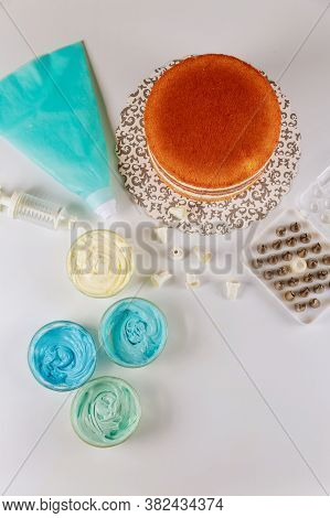 Sponge Layered Cake With Icing And Tools For Decoration.