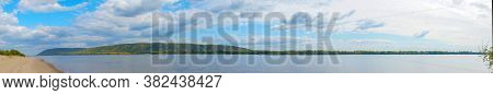 Panorama Of The Big Volga River In Front Of The Zhiguli Mountains