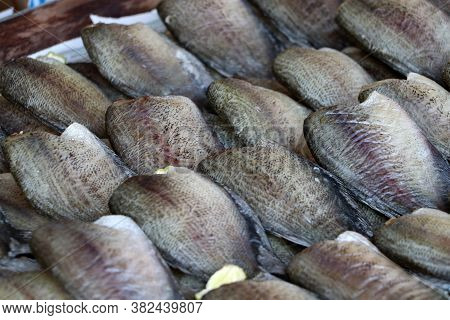 Dried Fish Of Trichogaster Pectoralis Fish, Background Texture Of Dried Fish.