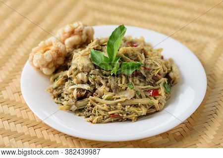 Northern Thai Food (yum Nor Mai), Spicy Bamboo Shoot Salad With Crab Paste Eating With Pork Rind, Lo