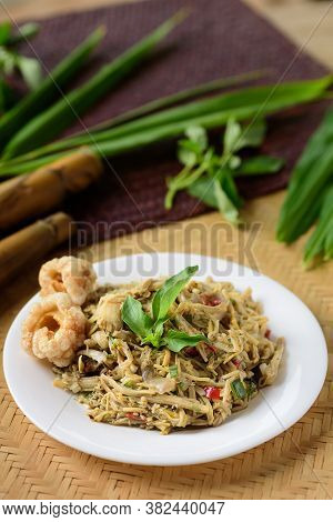 Northern Thai Food (yum Nor Mai), Spicy Bamboo Shoot Salad With Crab Paste Eating With Pork Rind, Ba