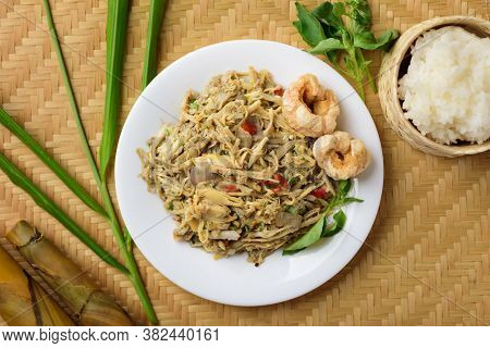 Northern Thai Food (yum Nor Mai), Spicy Bamboo Shoot Salad With Crab Paste Eating With Pork Rind, Gi