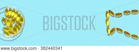 Omega3 Gel Capsule. Yellow Vitamin. Health Eating. Dietology Drug. Fish Shape. Oil Supplement. Micro