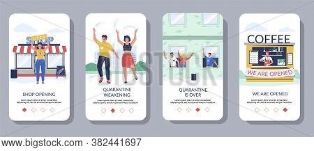 End Of Coronavirus Quarantine Mobile App Onboarding Screens, Vector Website Banner Template