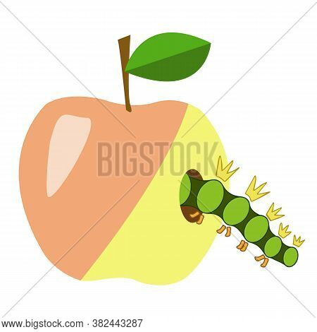 Green Caterpillar Crawls Into A Hole In An Apple