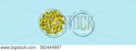 Omega3 Gel Capsule. Yellow Vitamin. Health Eating. Dietology Drug. Fish Oil Supplement. Microdosing 