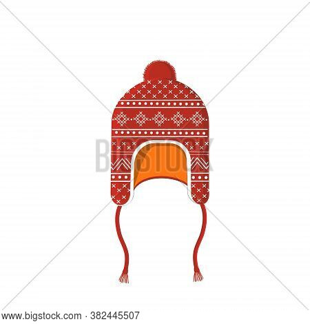 Winter Red Hat With White Ornament, Isolated Color Vector Illustration On A White Background, Clipar