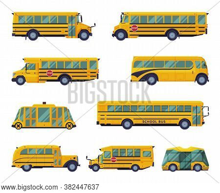 Yellow School Buses Set, Students Transportation Modern And Vintage Vehicles Flat Vector Illustratio