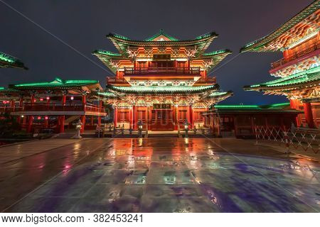 ancitent pavilion in nan chang jiang xi province China at night,All Chinese words only introduce itself which means 