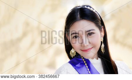 Close Up Head Shot Close Up Face  Of Thai Asian Woman In Concept A Smile Of Thai People. Thai People
