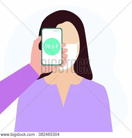 Vector Illustration Phone Placed On Forehead Of Person Remotely Measures Temperature. New Technology