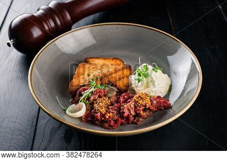 Traditional Korean Yukhoe Yukke, Beef Tartare Close Up