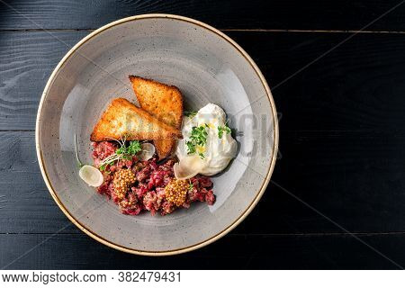 Traditional Korean Yukhoe Yukke, Beef Tartare Top View, Flat Lay
