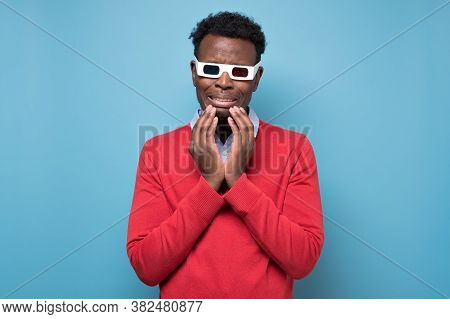 Handsome African Young Man In 3-d Glasses Watching Melodrama Crying
