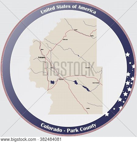 Round Button With Detailed Map Of Park County In Colorado, Usa.