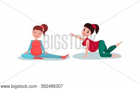 Young Pregnant Woman Sitting In Yoga Pose Breathing And Meditating Vector Illustration Set
