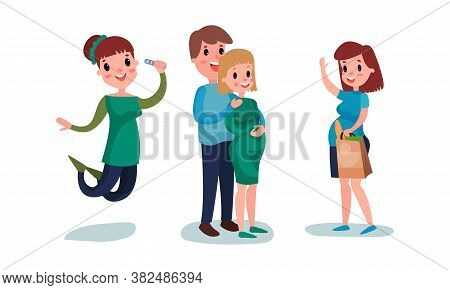 Young Pregnant Woman Jumping With Pregnancy Test And Doing Shopping Vector Illustration Set