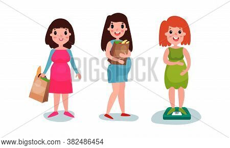 Young Pregnant Woman Doing Shopping Vector Illustration Set