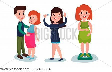 Young Pregnant Woman Jumping With Pregnancy Test And Walking With Her Husband Vector Illustration Se