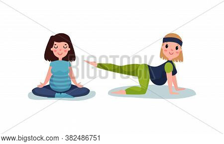 Young Pregnant Woman Sitting In Yoga Pose Breathing And Meditating Vector Illustration Set
