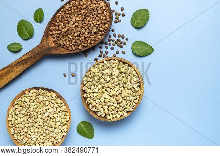 Green Buckwheat, Sprouted Buckwheat In Wooden Bowls Brown Buckwheat Grains In Wooden Spoon With Gree