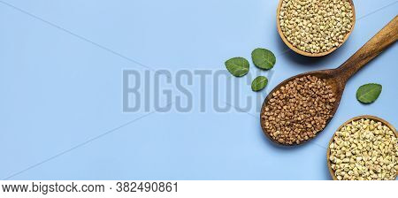 Green Buckwheat, Sprouted Buckwheat In Wooden Bowls Brown Buckwheat Grains In Wooden Spoon With Gree