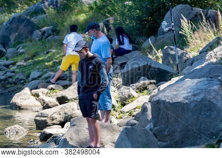 Escaldes Engodany, Andorra : 20 August 2020 : Tourists Enjoying The Summer Afternoon At Lake Engolas