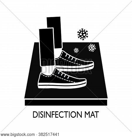 Man Standing On Disinfection Mat To Clean Shoe From Covid-19 Coronavirus And Bacteria. Healthcare Co