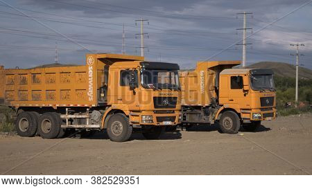 Kazakhstan, Ust-kamenogorsk - 4 July, 2020. Trucks Shacman On The Road.road Construction.