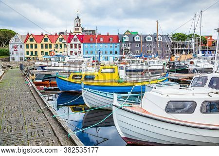 Torshavn, Faroe Islands. Vestaravag Harbor And Colorful Buildings.