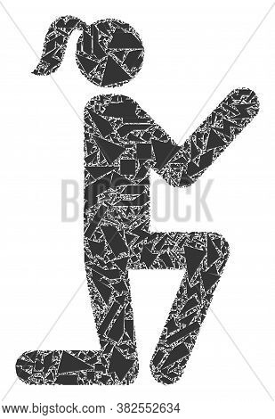 Debris Mosaic Knee Standing Girl Icon. Knee Standing Girl Collage Icon Of Debris Items Which Have Ra