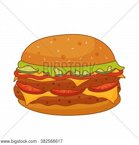 Cartoon Delicious Double Burger On White Background. High-calorie Fast Food. Cheeseburger With Slice