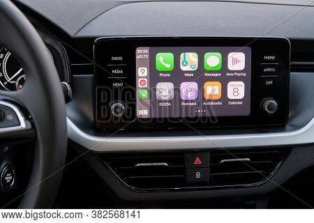 Apple Carplay Screen In The Car Dashboard Main Menu. Entertainment In The Automobile, August 2020, S