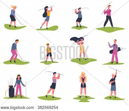 Golf Players. People Playing Golf, Golfers Striking Ball, Outside Summer Activity, Golf Characters V