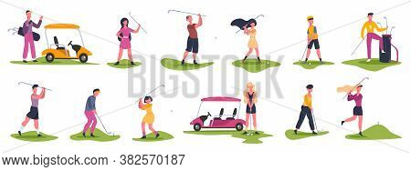 Golf People Scenes. Male And Female Golfers, Golf Characters Chase And Hit Ball, Golfers Playing Out