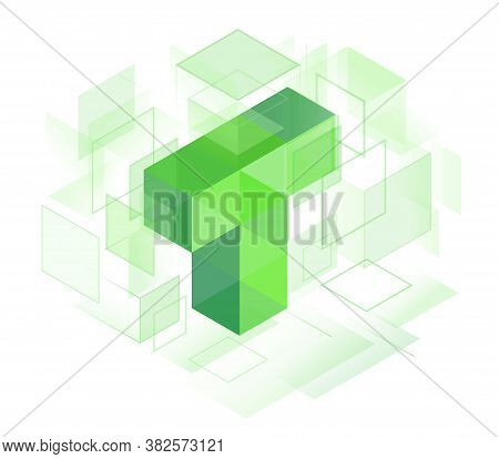 T Letter Logo Symbol. Cubes Lined Up In Space. Constructive From Cubic Forms, Structure Of Connected